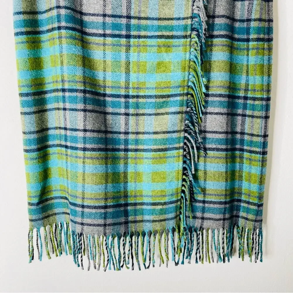 J. Jill blue grey green plaid fringe midi preppy office academia skirt 6
